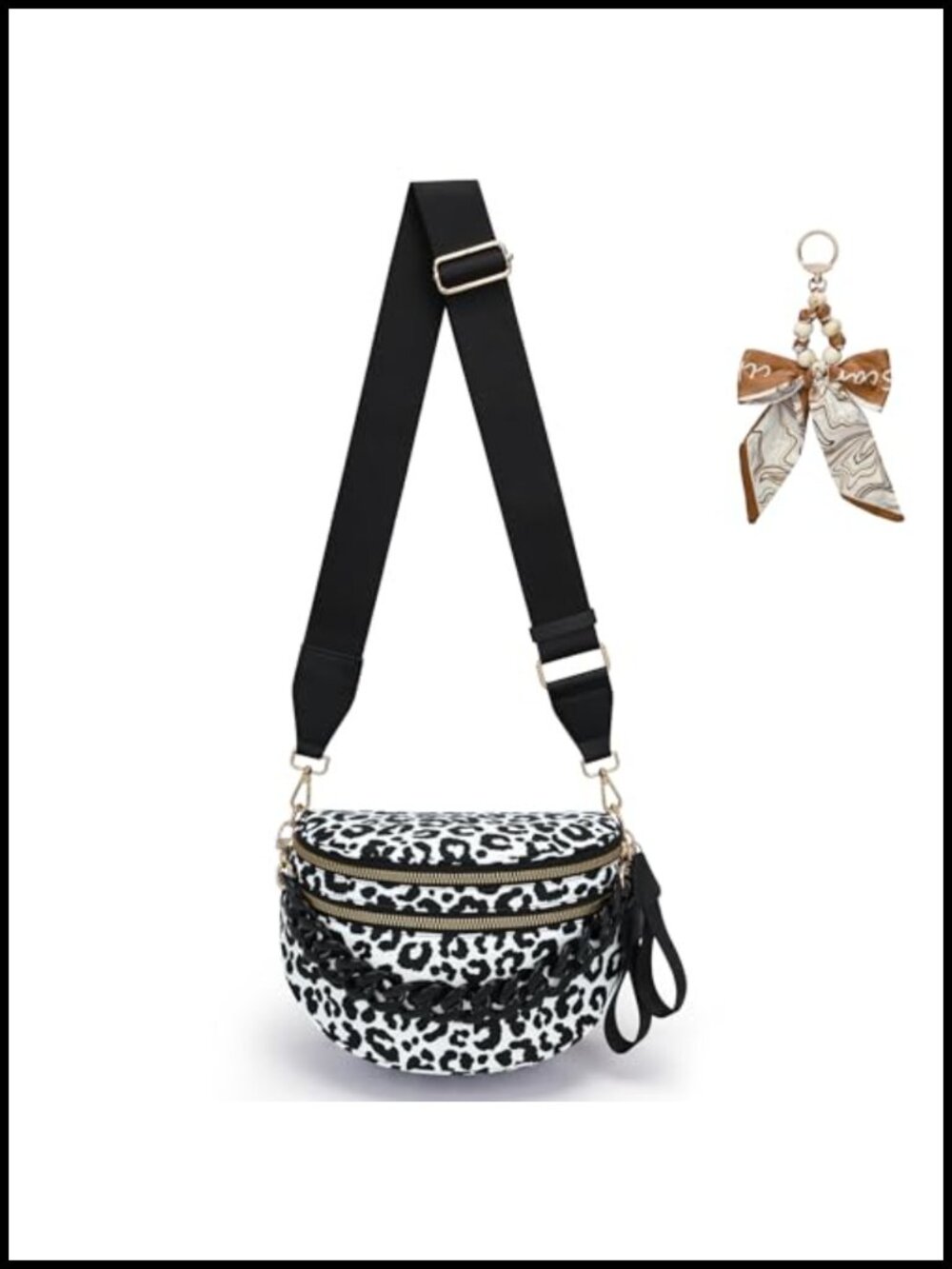 Nylon Leopard Crossbody Bag Double Zip Fanny Pack Belt Bag with Bow and Chain